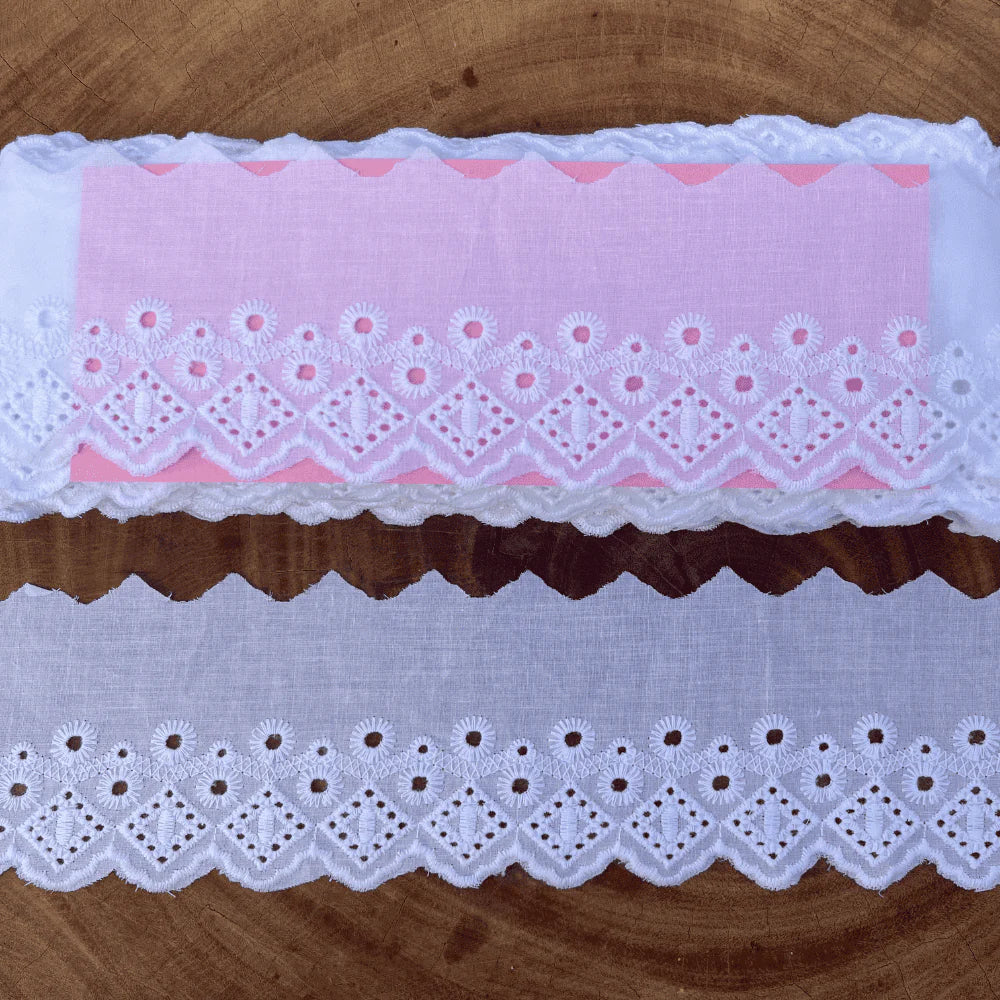 Bordado Inglês 100% algodão Branco - Largura: 7,5 centímetros - 13,7 Metros