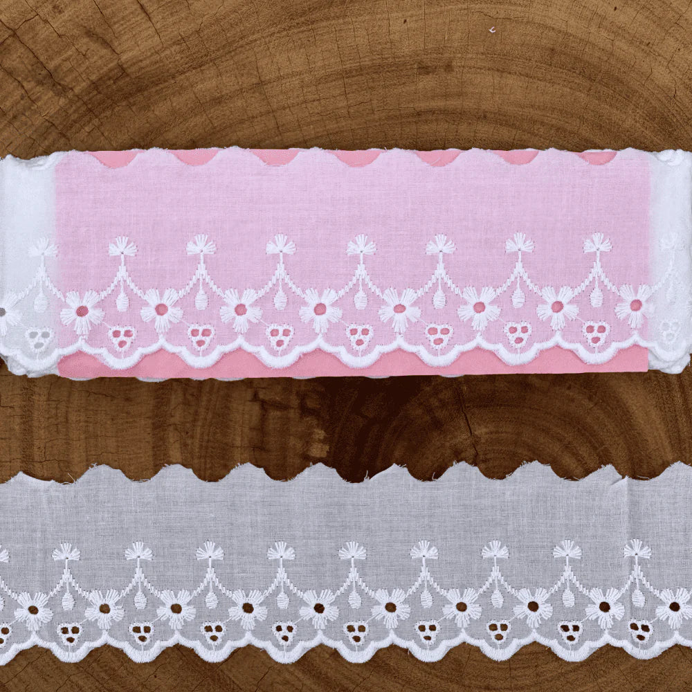 Bordado Inglês 100% algodão Branco - Largura: 6,5 centímetros - 13,7 Metros